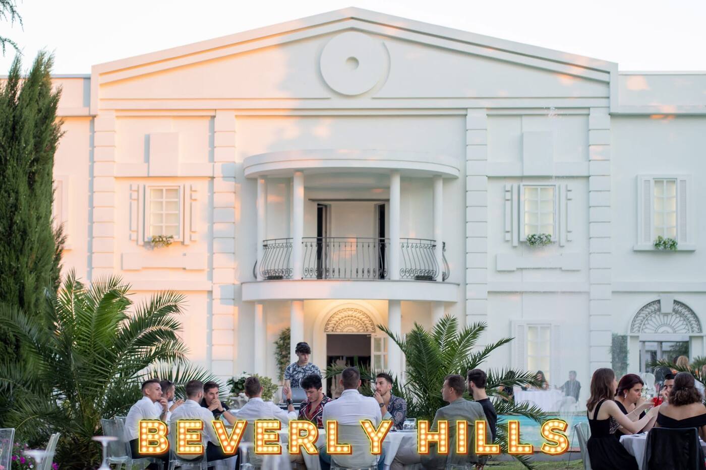 Beverly Hills themed night outside a white villa